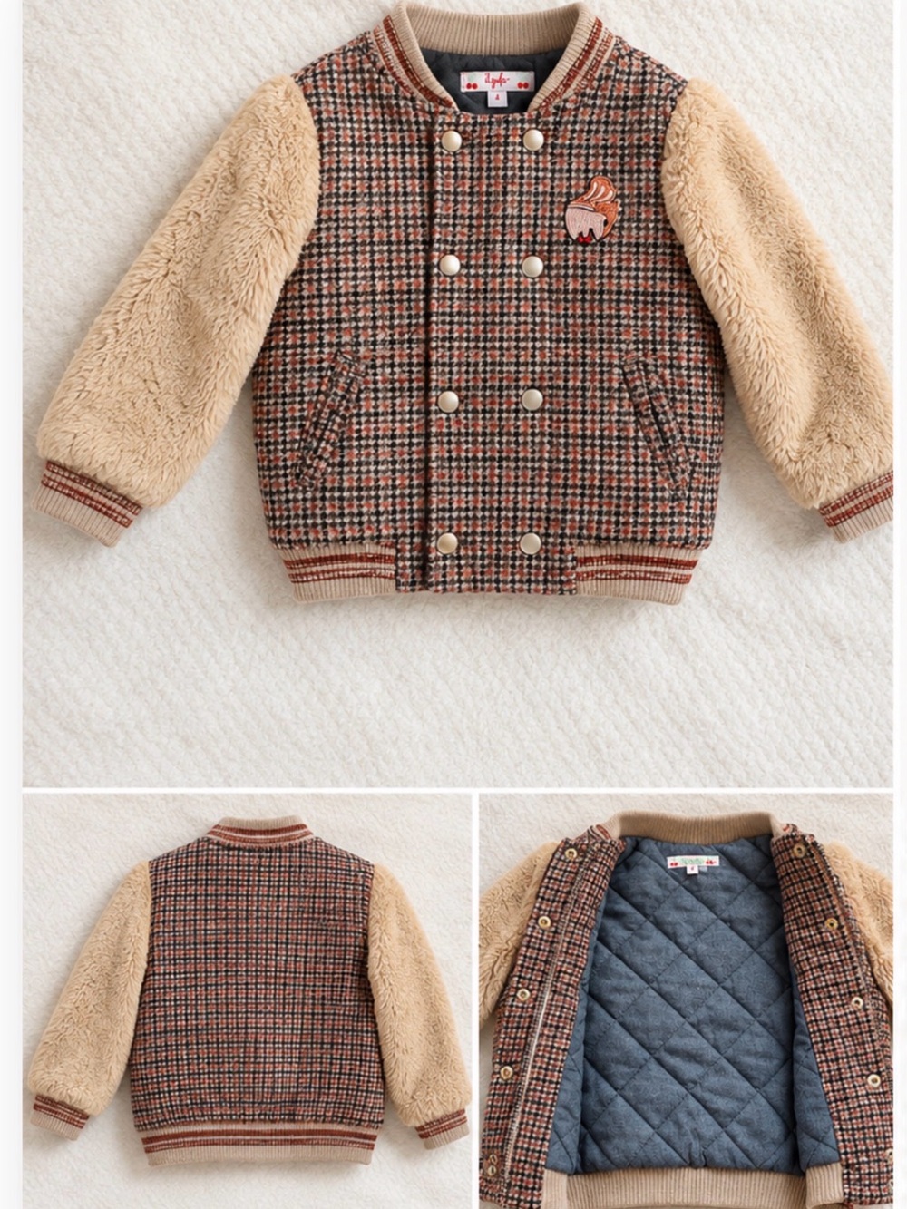 Bonpoint Beige and Brown Houndstooth Puffer Jacket